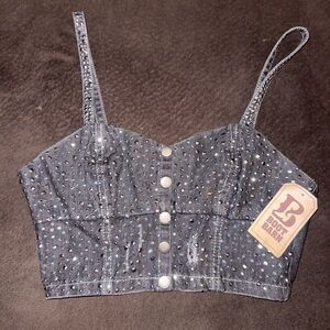 Boohoo Gray Sequin Buttoned Crop Tank Top